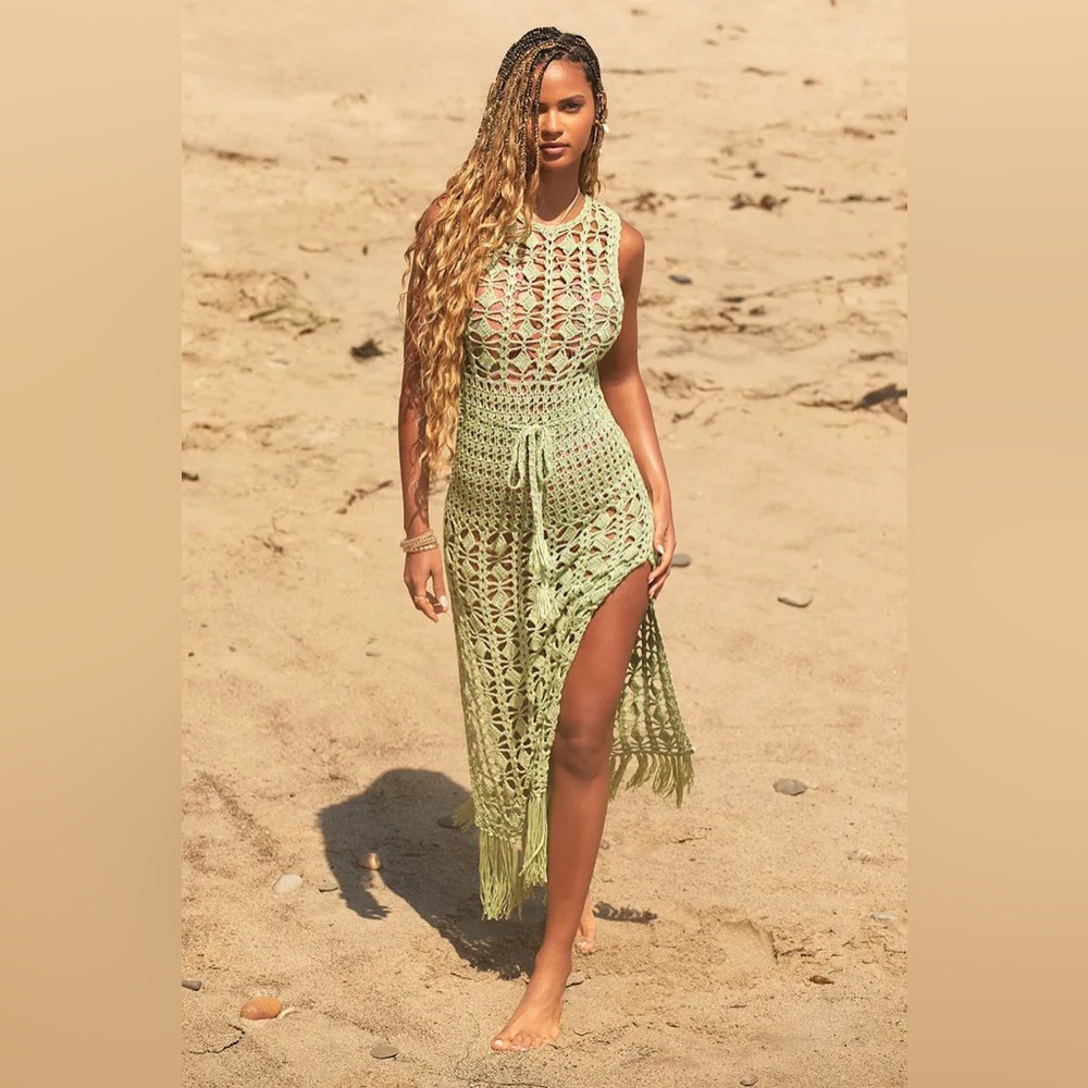 Endless Waves Sage Green Crochet Fringe Midi Swim Cover-Up